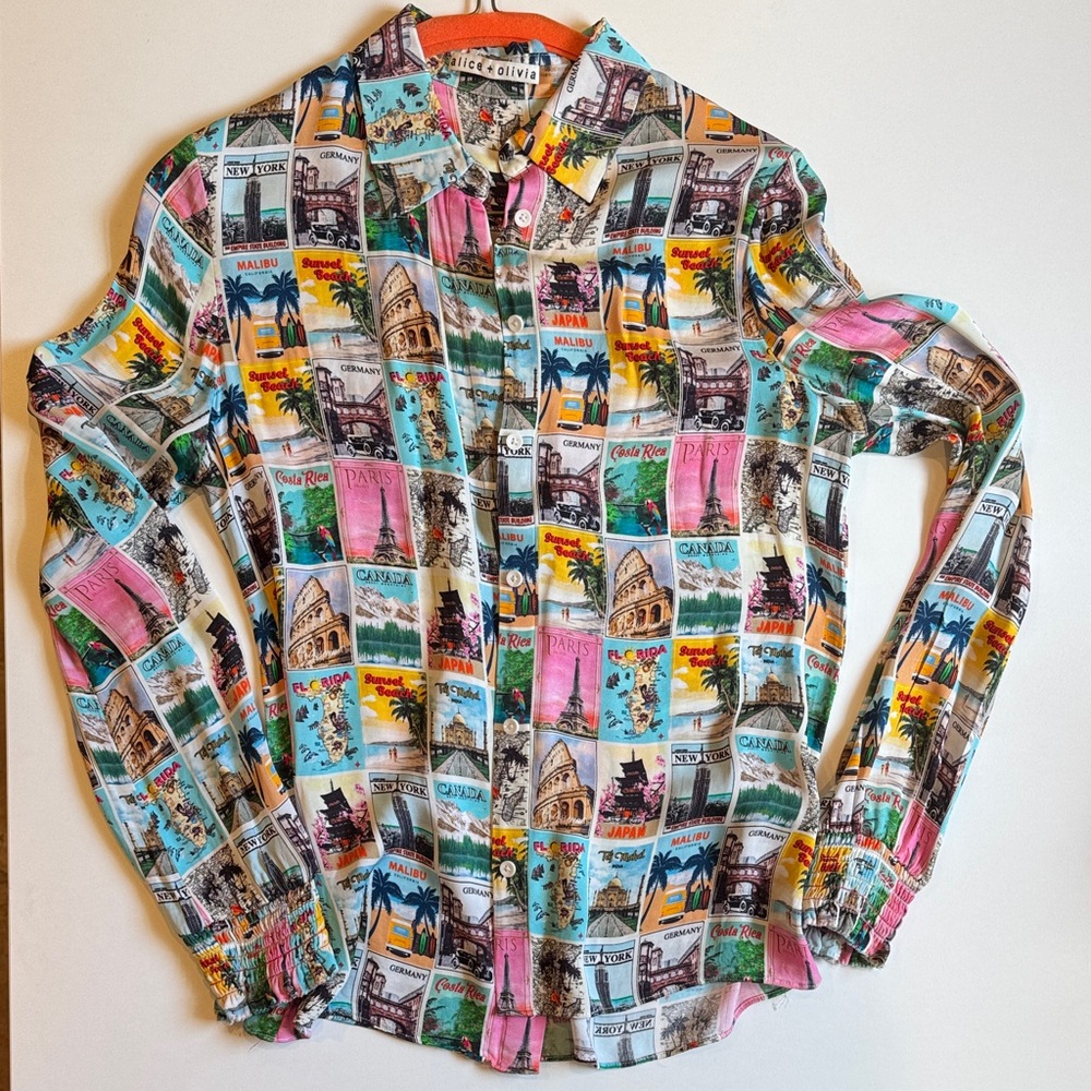 Alice + Olivia Vibrant Postcard Print Woman’s Shirt
